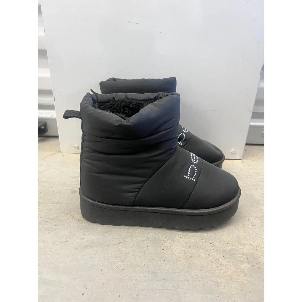 Bebe Winter Boots Girls US 1 Black Rhinestone Logo Fur Lined Platform Casual